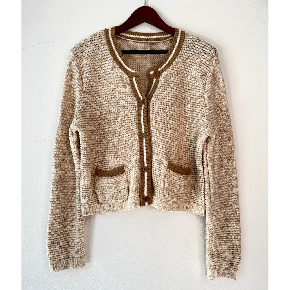 Aerie Tan Marled Knit Boxy Cardigan Sweater Preppy Striped Neutral Pockets Large